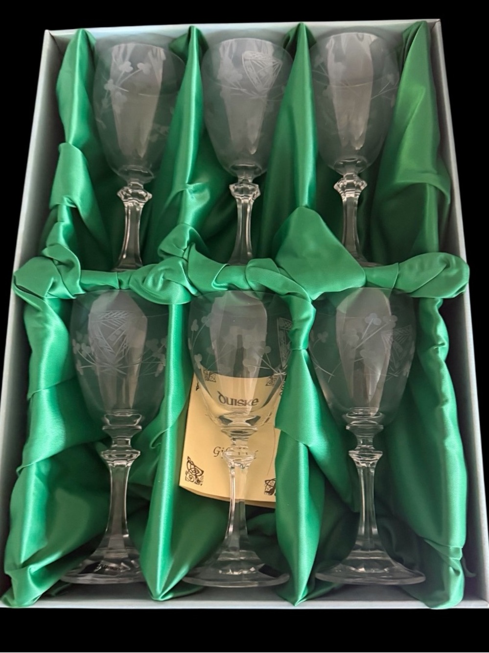 6 vintage Duiske Irish hand-cut crystal goblets Original Box